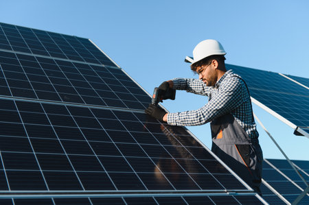Technician efficiently installing solar panels on a rooftop, focusing on renewable energy solutions...