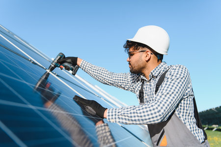 Middle eastern engineer with safety helmet and gloves installing a solar panel using a screwdriver...