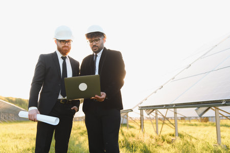 Two engineers using a laptop are analyzing data in a solar panel farm at sunset, working together...