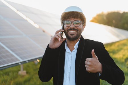 Arab businessman wearing a hardhat is making a phone call and giving a thumbs up gesture in front of...