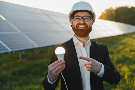 Investor highlighting a lit light bulb with his finger, showing the benefits of solar panel...