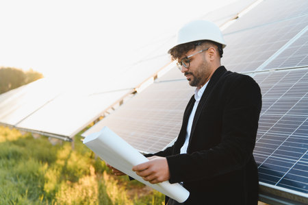 Arab businessman wearing a hardhat and holding a blueprint, inspecting a solar panel farm while...