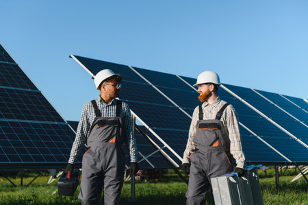 Two engineers carrying tools walking and talking among rows of solar panels in a large solar farm