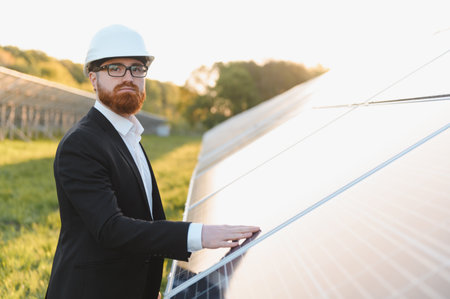 Investor wearing suit and hardhat inspecting a solar panel in a large solar farm during a sunny day