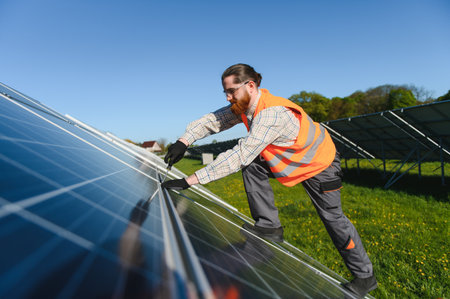 Male worker focuses on installing and repairing solar panels in a field, promoting sustainable...
