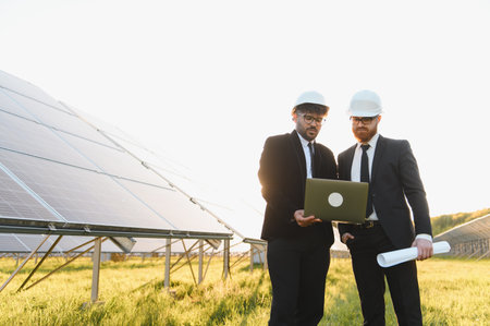 Two engineers in hardhats are analyzing a solar panel farm with a laptop, working on a renewable...