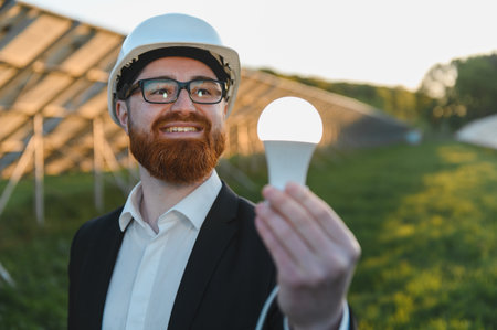 Investor holding a led light bulb promoting renewable and sustainable energy in a solar panel plant