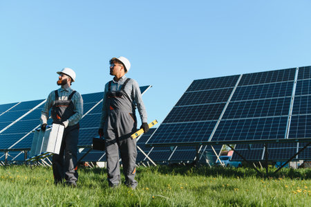 Two engineers working on installing solar panels in a green field, contributing to clean energy and...
