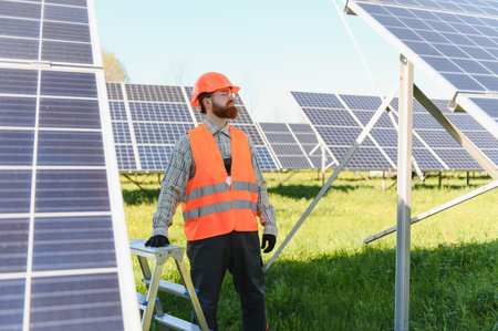 Male engineer with safety vest and hardhat working on a solar panel installation in a large green...