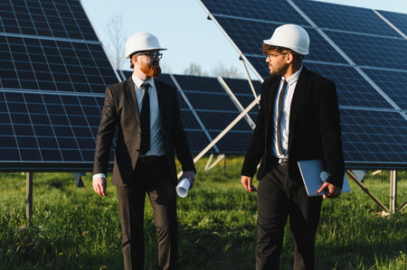 Businessmen wearing hardhats and suits are walking and discussing by solar panels in a green field
