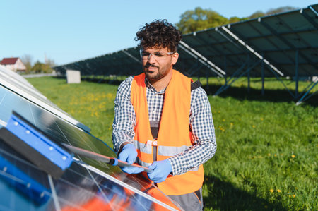 Young Indian engineer cleaning solar panel in a large photovoltaic power station, using a special...