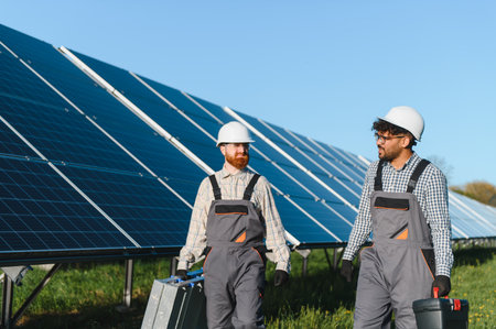 Two multi ethnic engineers walking and carrying tools in a solar panel farm, wearing overalls and...