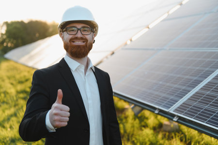 Engineer wearing hardhat showing thumbs up while standing in a field of photovoltaic solar panels,...