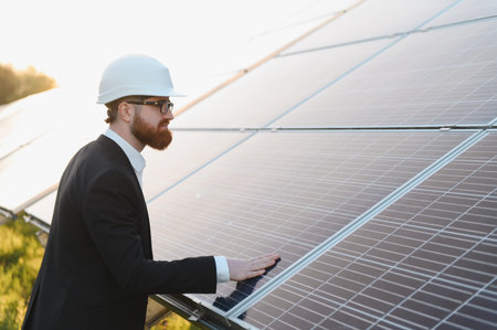 Investor wearing hardhat inspecting a solar panel in a large photovoltaic power plant at sunset