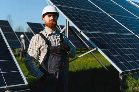 Bearded engineer wearing overalls and hardhat posing in a field of solar panels on a sunny day