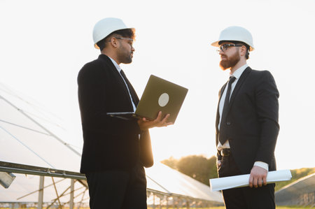 Two engineers with hardhats discussing a project using a laptop in a solar panel farm at sunset