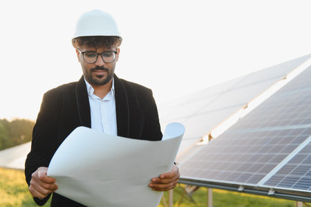 Arab engineer wearing a hardhat, inspecting a solar panel farm while holding a blueprint, focused on...