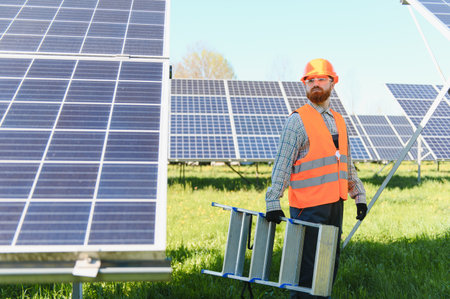 Male engineer carrying a ladder while installing solar panels in a vast field under a bright, sunny...