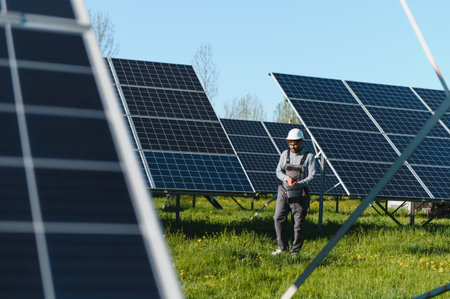 Engineer meticulously installs solar panels in a vast green field, harnessing the power of renewable...