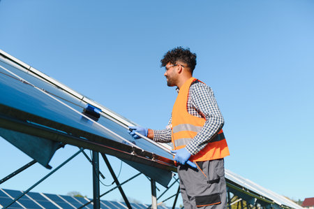 Maintenance worker cleaning photovoltaic panels in a solar power station, ensuring maximum energy...