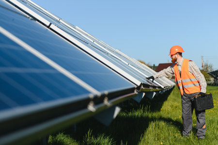Male engineer working at solar power plant, inspecting photovoltaic panels for installation and...