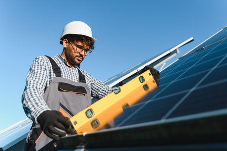 Middle eastern engineer uses a level tool while installing a solar panel on a rooftop, working on a...