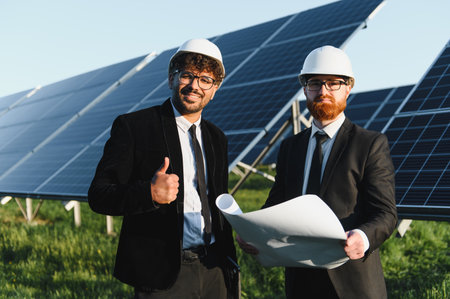Two engineers in hard hats reviewing blueprints at a solar power plant, giving a thumbs up,...
