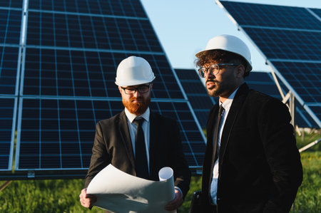 Two engineers wearing suits and hardhats examining blueprint in front of solar panels in solar power...