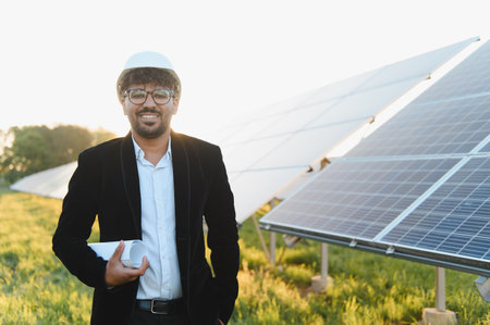 Arab engineer wearing hardhat and holding blueprints smiling in front of large solar panel farm...