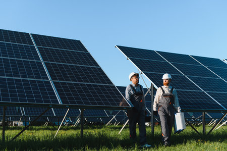 Two multi ethnic engineers walking and carrying tools in a solar power station, maintaining solar...