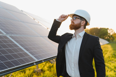 Bearded businessman wearing suit and protective helmet inspecting a solar energy plant at sunset,...