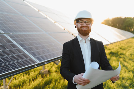 Investor wearing hardhat holding blueprints while evaluating a solar panel farm for a renewable...