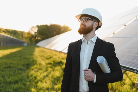 Engineer wearing a hardhat and holding a blueprint, inspecting a solar panel farm bathed in the warm...
