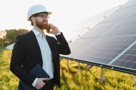 Smiling businessman wearing hardhat holding tablet and using smartphone near solar panels in green...