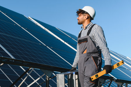 Middle eastern engineer holding a level while working in a solar power plant, contributing to...