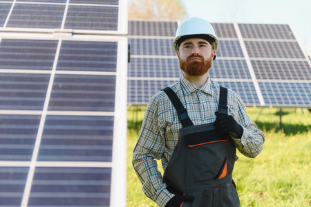 Male engineer wearing hardhat and overalls posing near solar panels in a green field, representing...