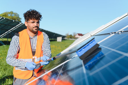 Middle eastern man cleaning solar photovoltaic panels with a squeegee in a solar power plant, on a...