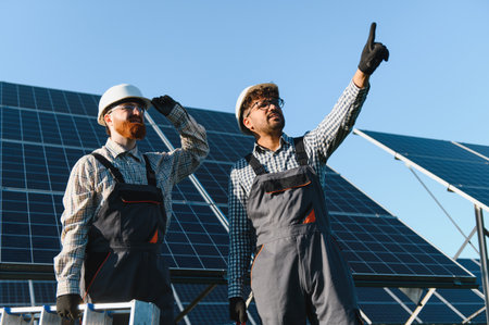 Two engineers working on installing solar panels in a large solar farm, discussing about the work...