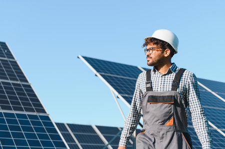Engineer wearing overalls and hardhat inspects a solar panel installation, contributing to clean...