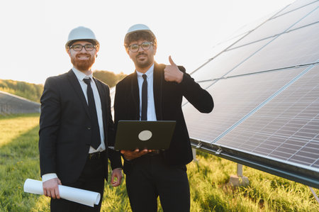 Two engineers wearing suits and hardhats are holding a laptop and blueprints while gesturing thumbs...