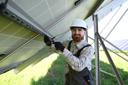 Smiling worker is tightening bolts while installing photovoltaic panels in a large solar power plant