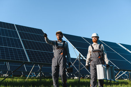 Two engineers carrying tools and walking in a solar power station, installing or repairing...
