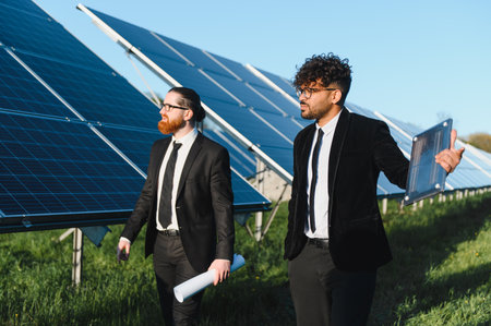 Two businessmen walking and discussing a project in a solar energy plant, holding blueprints and a...