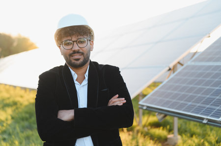 Arab businessman wearing a hardhat and posing with crossed arms in a solar power station at sunset