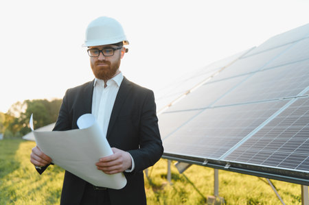 Investor wearing a hardhat, examining blueprints while standing in front of a solar panel farm,...