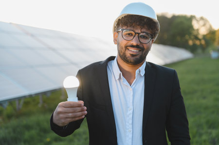 Smiling arab engineer wearing hardhat holding a glowing light bulb in a solar power plant,...