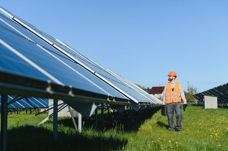 Maintenance engineer walking near photovoltaic solar panels carrying toolbox inspecting and checking...