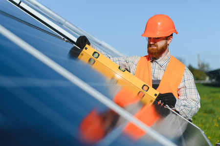 Male technician in orange vest and helmet using level tool while installing solar panels on sunny...