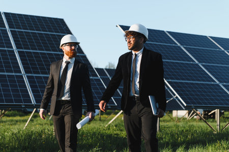 Two businessmen wearing hardhats walking and discussing near solar panels in a field, representing investment in green energy and sustainable developmentの写真素材