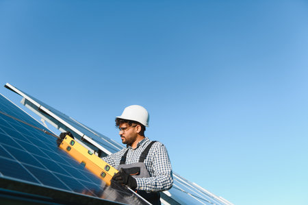 Engineer uses a level tool while installing solar panels on a clear day, working towards sustainable...